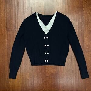 Unspoken Women's Dark Navy Layered V-Neck Sweater with Button Detail, Size Sm